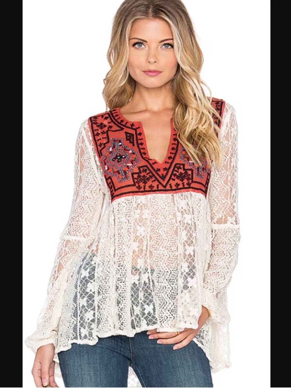 Free People Cream Lace Tunic with Red Embroidered Yoke